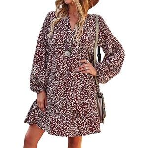 KIRUNDO Blush Mauve Pink Spotted Print Long Sleeve Tie‎ Neck Boho Dress Size S
